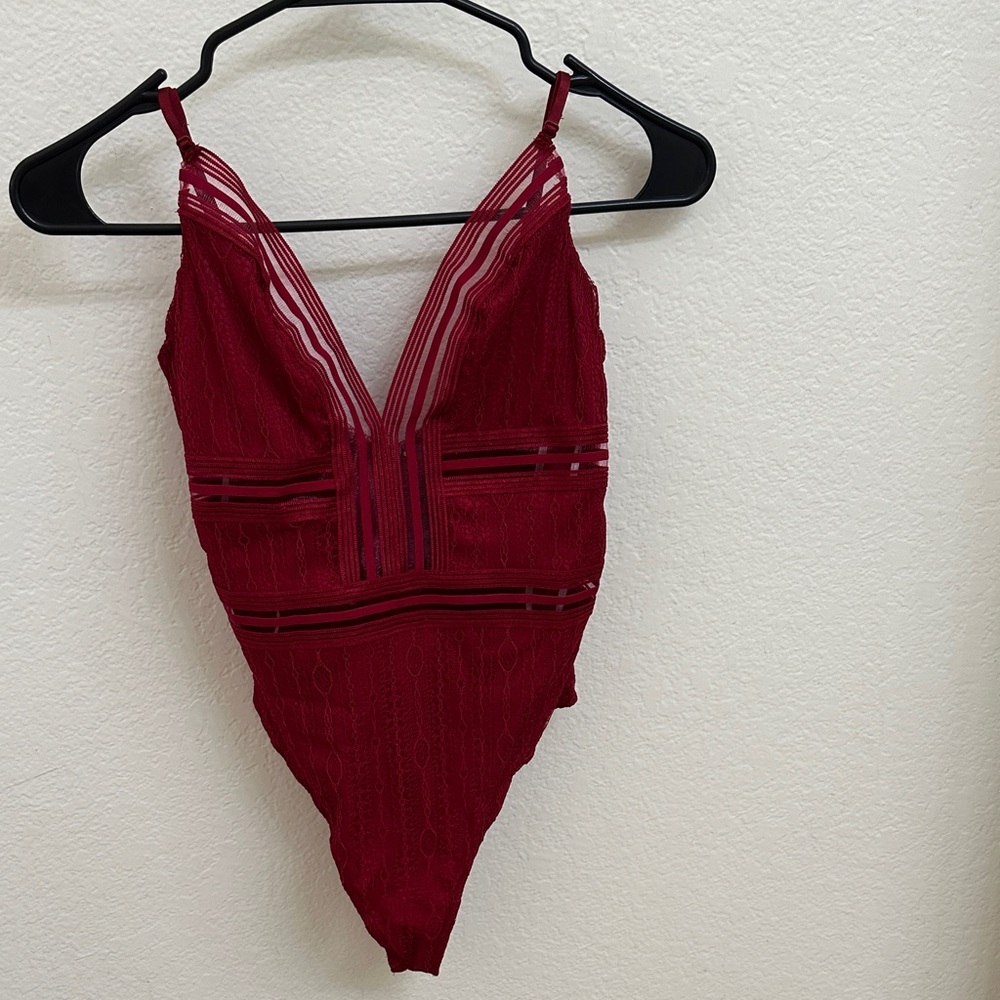 Lulu's Burgundy Lace Tank Bodysuit with Mesh Detail